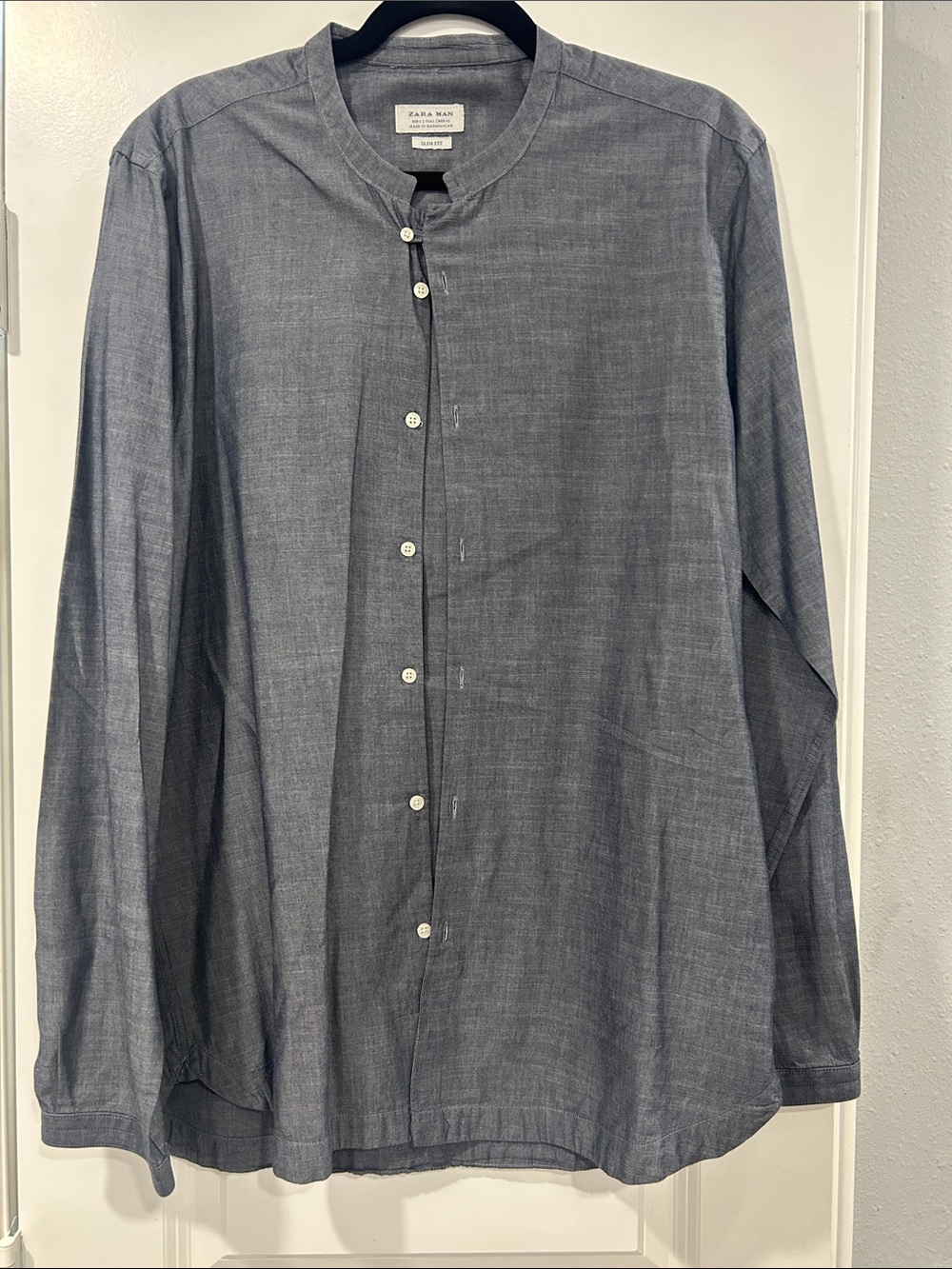 Zara Men’s Slate Blue Band-Collar Button-Down Shirt